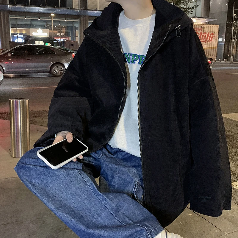 Куртки Мужские Винтажная уличная одежда из однотонного вельвета с капюшоном, простая мода Harajuku, Модная свободная одежда Ins, Классическое универсальное ретро