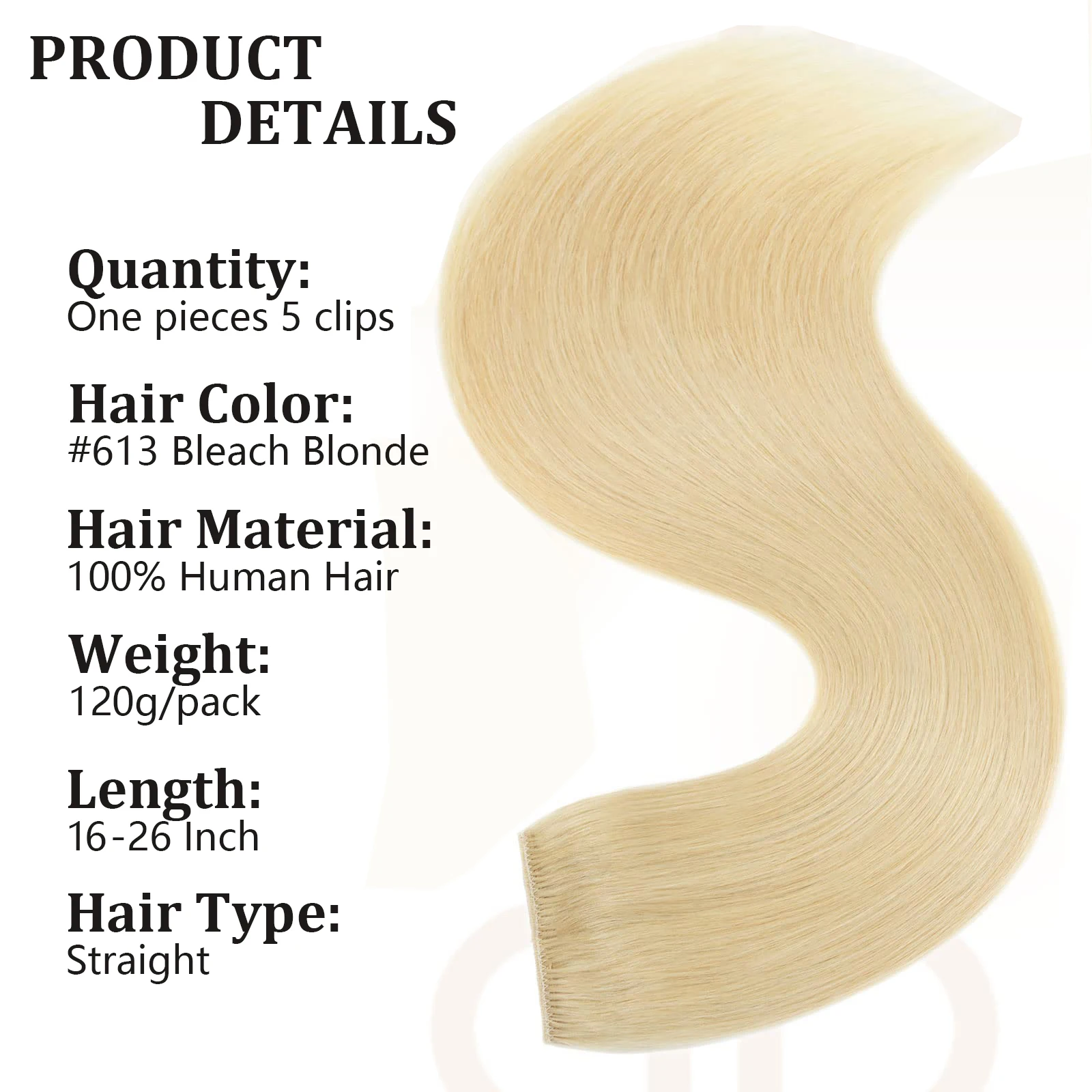 5 Зажимов Для Наращивания Волос Цвет Человеческих Волос # 613 Светлые Прямые Натуральные Волосы Для Наращивания На Ощупь Мягкая Прическа Шиньон Для Женщин