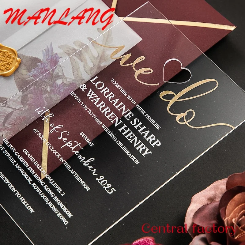 Изготовленные на заказ акриловые открытки с УФ-печатью на золотом принтере роскошные прозрачные прямоугольные приглашения на свадьбу