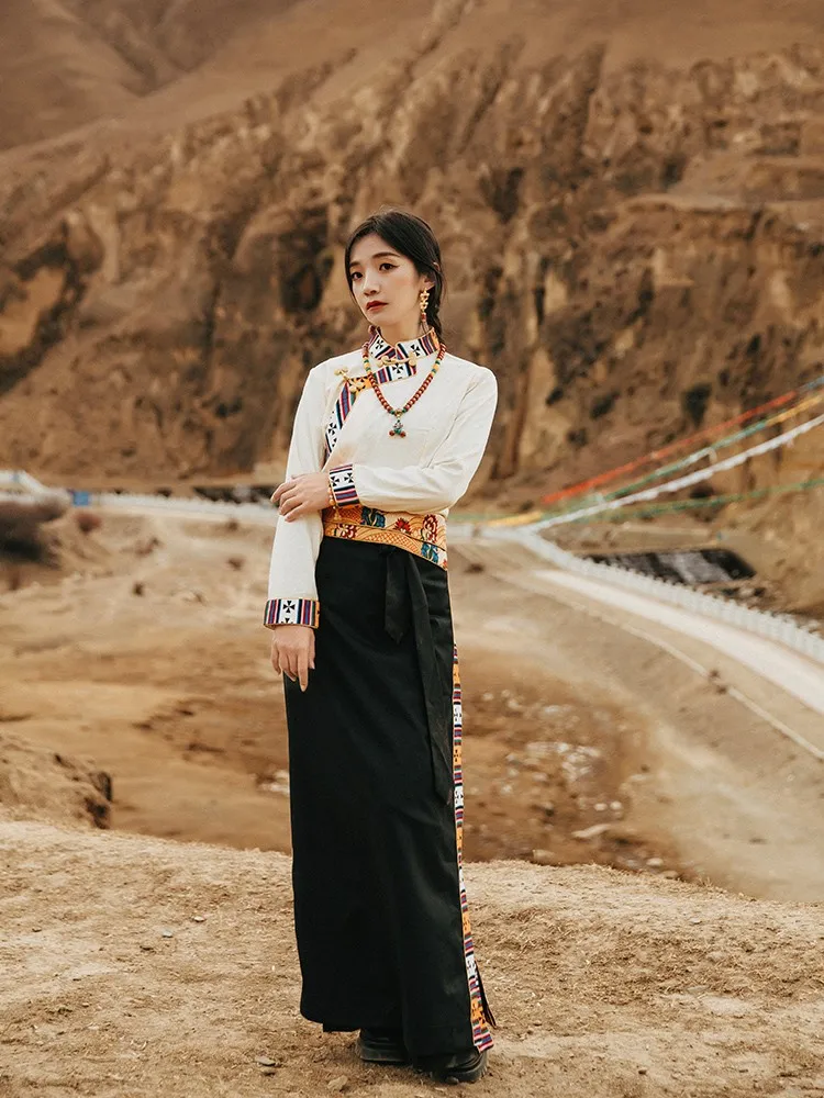 Улучшенная Тибетская одежда Женская Белая Рубашка С длинными рукавами Guozhuang Dance Wrap Skirt