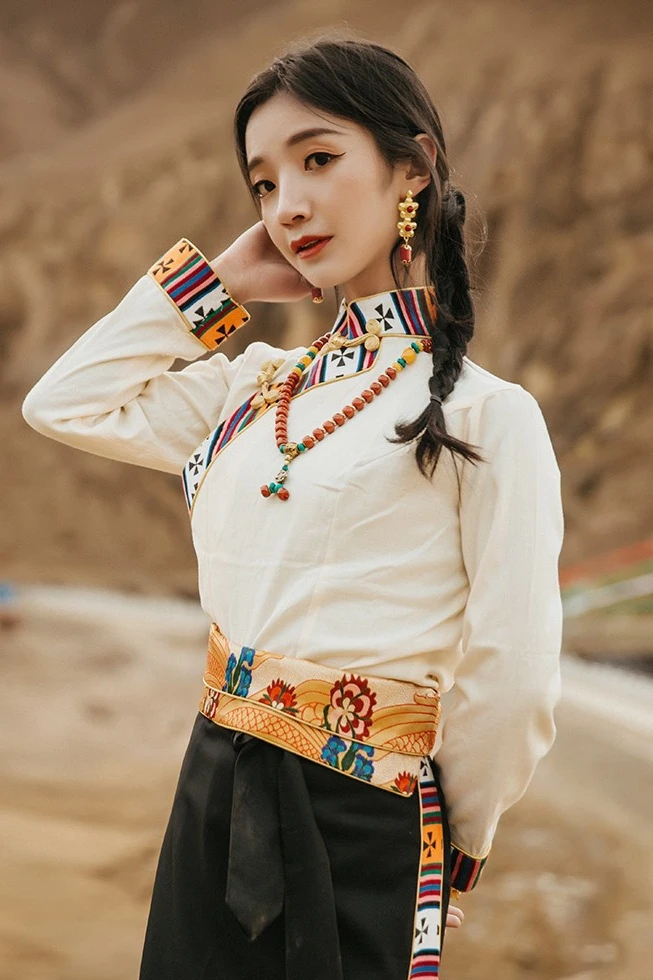 Улучшенная Тибетская одежда Женская Белая Рубашка С длинными рукавами Guozhuang Dance Wrap Skirt