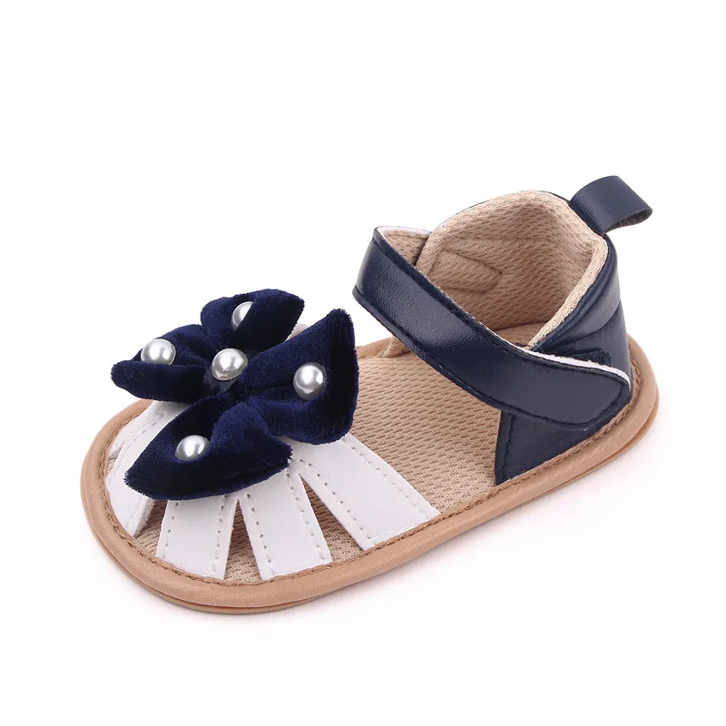 Летние Сандалии для новорожденных девочек с бантом и жемчугом, мягкая обувь с открытым носком, обувь для первых прогулок новорожденных, повседневная обувь