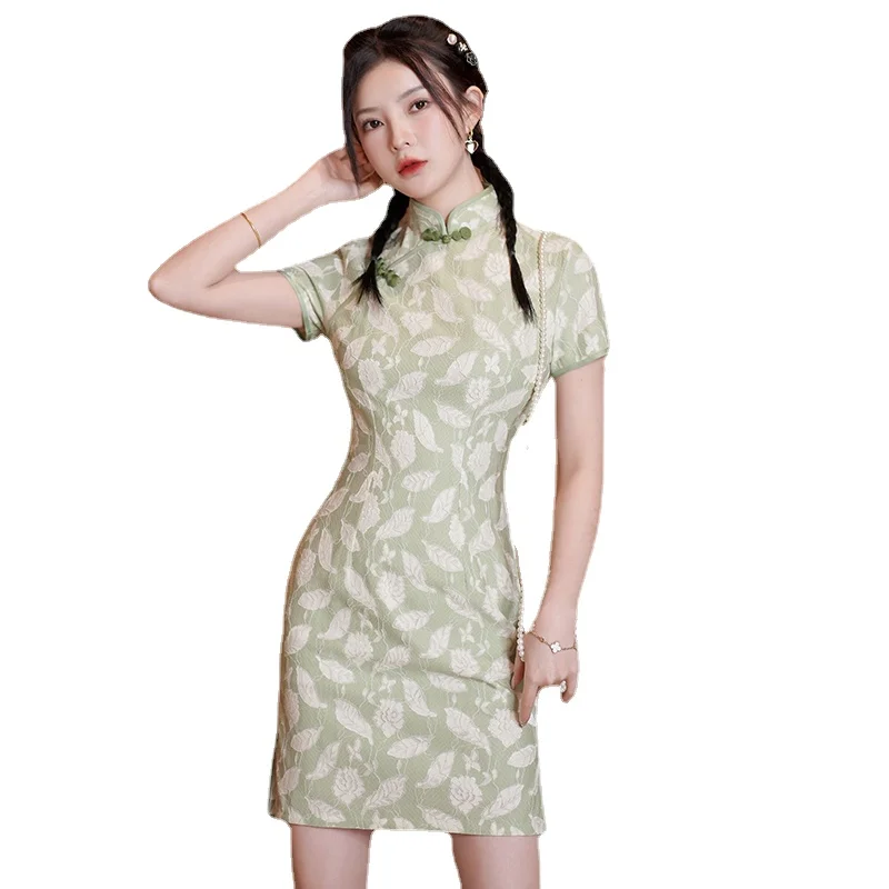 Новое Улучшенное Короткое Современное Платье Ципао из Зеленого Кружева в форме листьев Cheongsam Young В Традиционном Китайском стиле