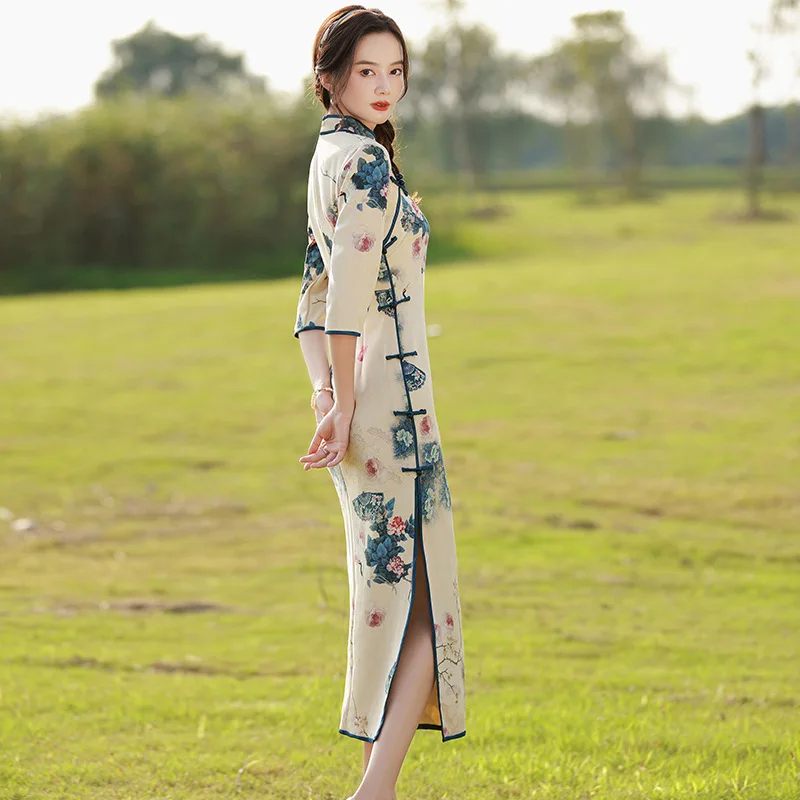 Улучшенное платье Чонсам 2024, новый стиль, темперамент, молодая девушка, ретро-френч, длинная повседневная весенняя талия.