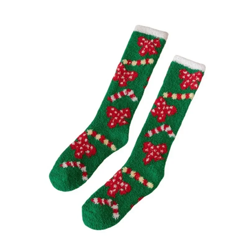 Японские коралловые бархатные чулки с мультяшной вышивкой, теплые Рождественские носки в пол, домашние носки из полувельвета.