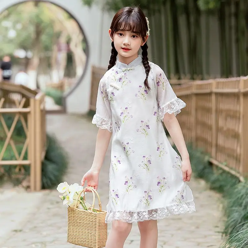 Традиционное китайское платье Cheongsam Hanfu для девочек, детский костюм принцессы, свадебные платья Aodai Children Qipao с цветочным рисунком.