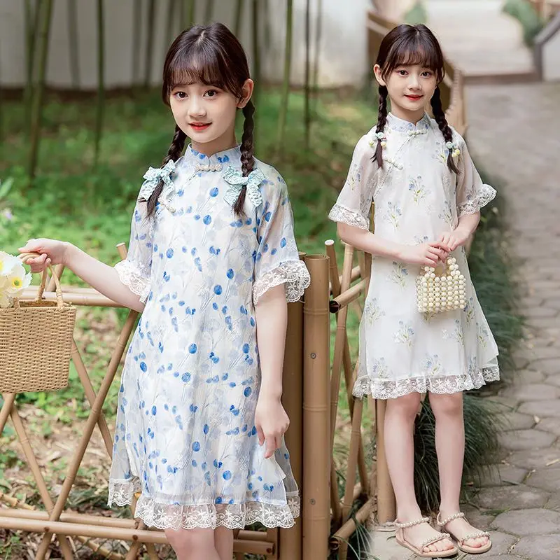 Традиционное китайское платье Cheongsam Hanfu для девочек, детский костюм принцессы, свадебные платья Aodai Children Qipao с цветочным рисунком.