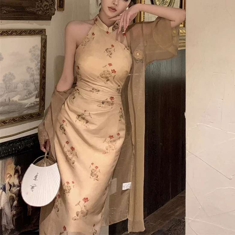 Новое Винтажное платье в китайском стиле, Сексуальный кардиган с цветочным принтом, сетчатый кардиган Чонсам, Женское Летнее Улучшенное платье Ципао без рукавов