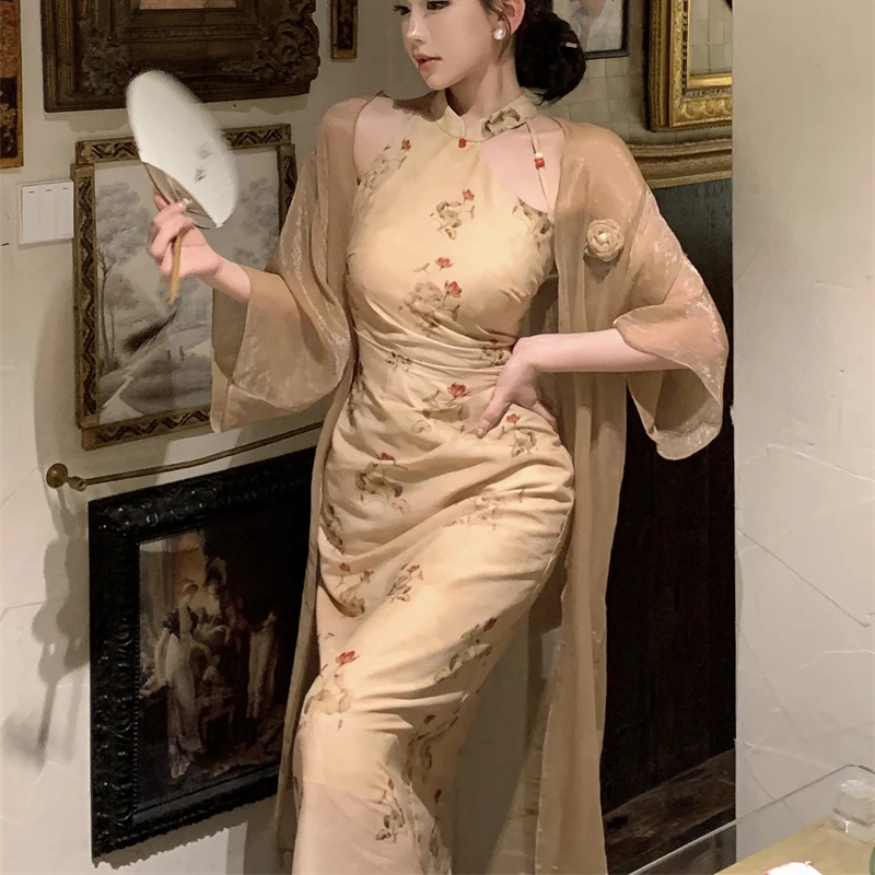 Новое Винтажное платье в китайском стиле, Сексуальный кардиган с цветочным принтом, сетчатый кардиган Чонсам, Женское Летнее Улучшенное платье Ципао без рукавов