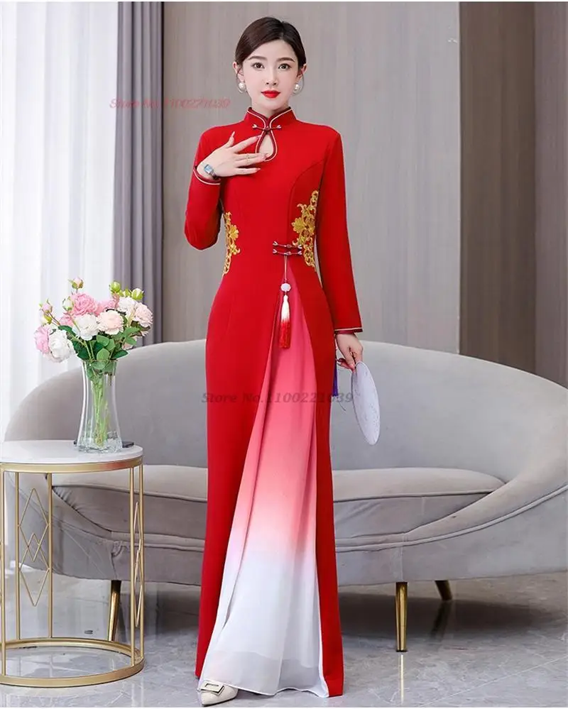 2024 национальное платье с цветочной вышивкой китайское импровизированное ципао ретро градиентного цвета платье чонсам китайское банкетное вечернее платье
