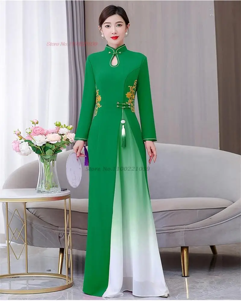 2024 национальное платье с цветочной вышивкой китайское импровизированное ципао ретро градиентного цвета платье чонсам китайское банкетное вечернее платье
