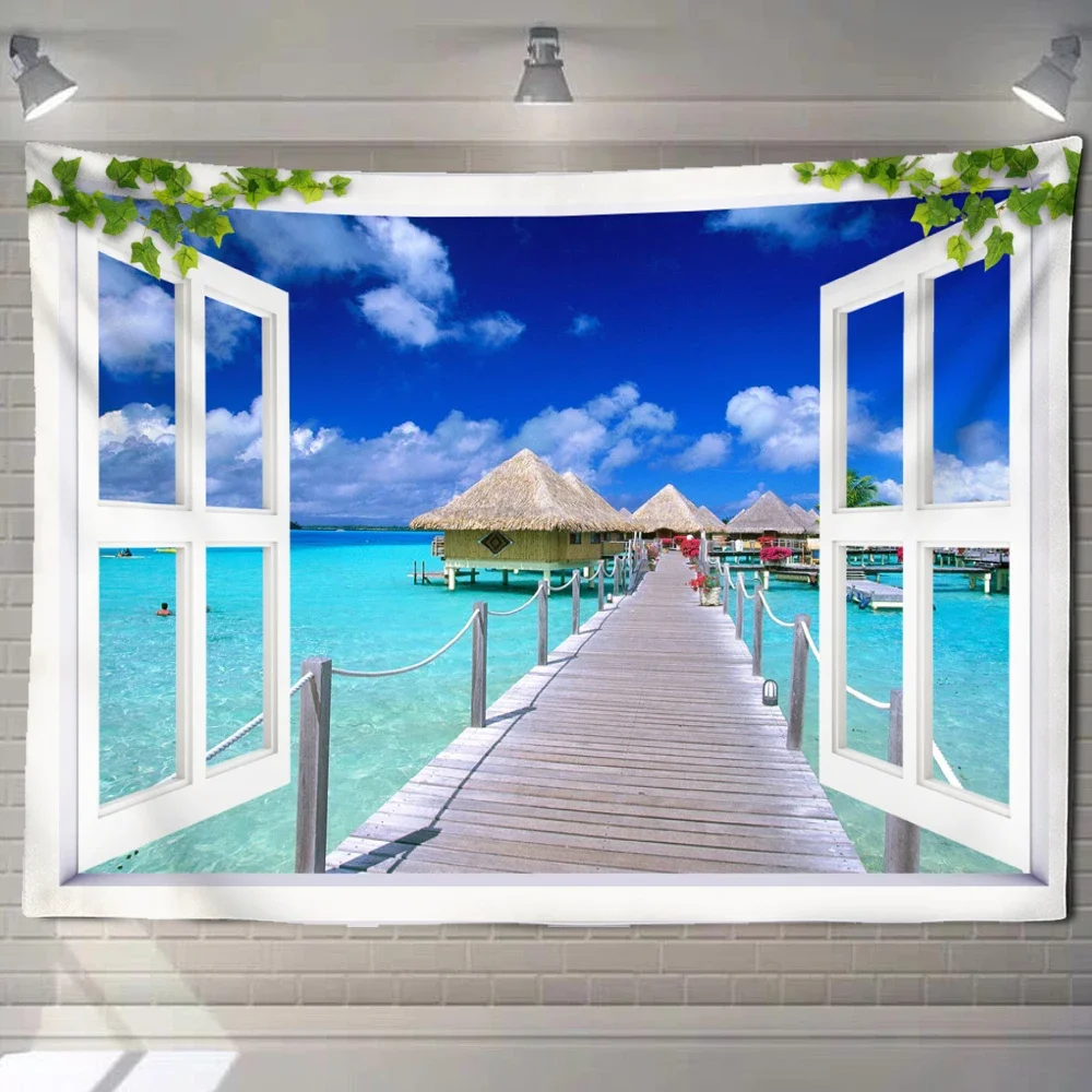 Красивый Пляжный пейзаж, Картина на окне, Гобелен, Настенный художественный фон, украшение дома, Эстетичный плакат для сада на открытом воздухе