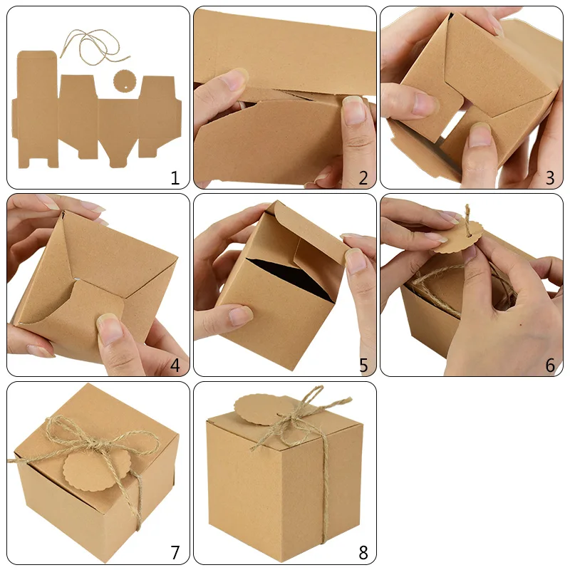 квадратная коробка из Крафт-бумаги 10шт, Коробка для свадебных подарков, Подарочная упаковка с веревкой, Детский душ, Вечеринка по случаю Дня рождения, Коробки для шоколадных конфет и драже.