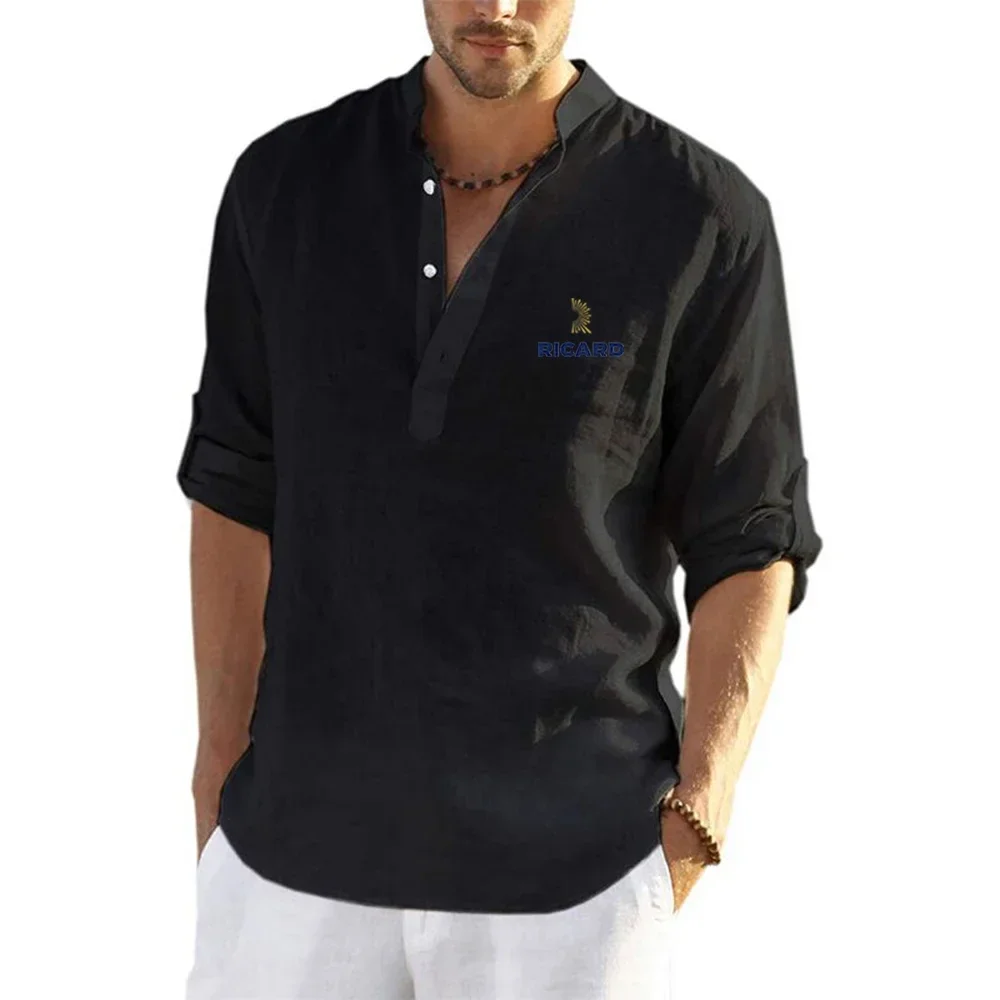 Логотип лета 2023 мужской Рикар печатных повседневная хлопок белье свободные V-образным вырезом рубашка сплошной цвет дышащие удобная с длинным рукавом топы