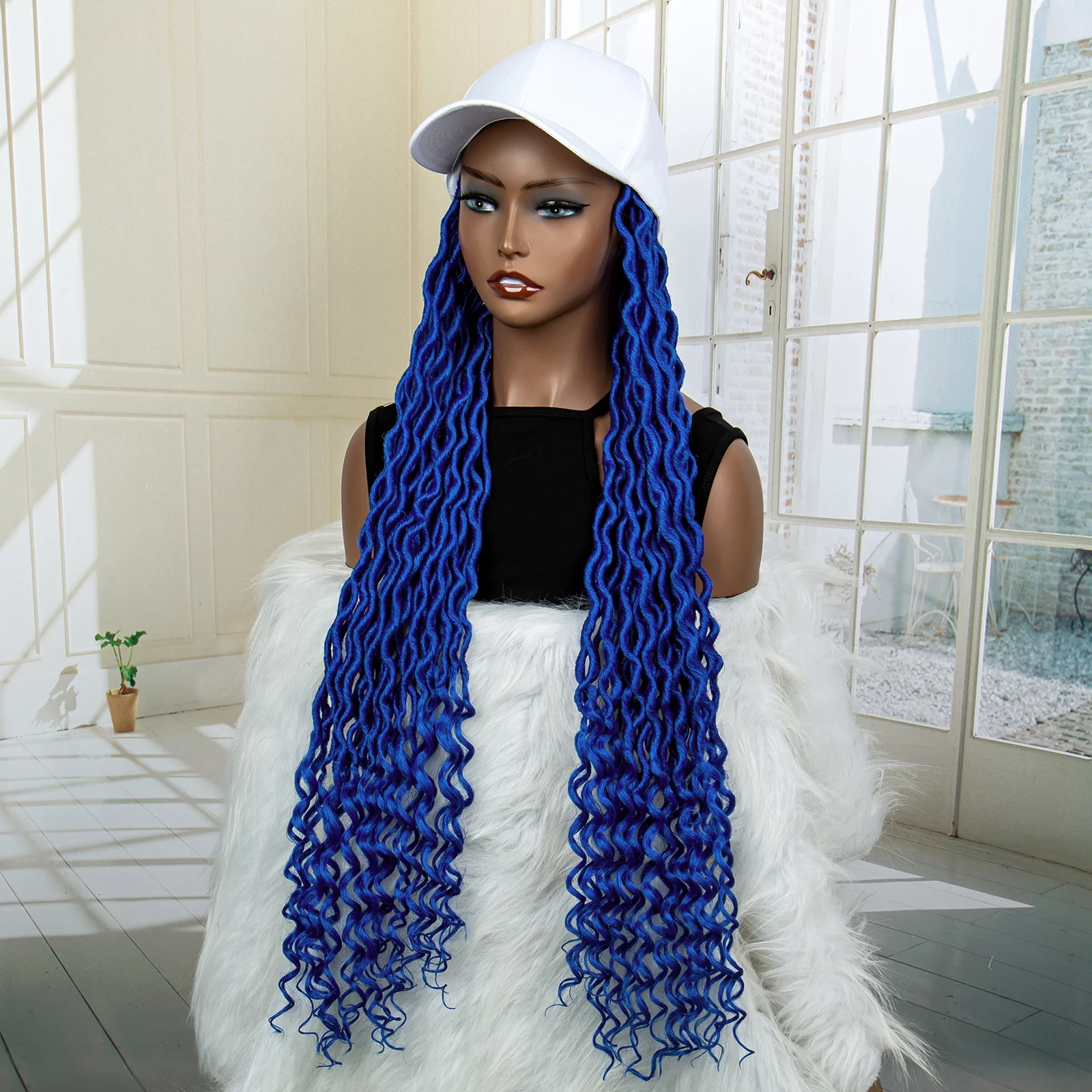 34-Дюймовая синяя синтетическая кепка-парик с волнистыми косами для чернокожих женщин, удлиненная бейсбольная кепка, плетеный парик