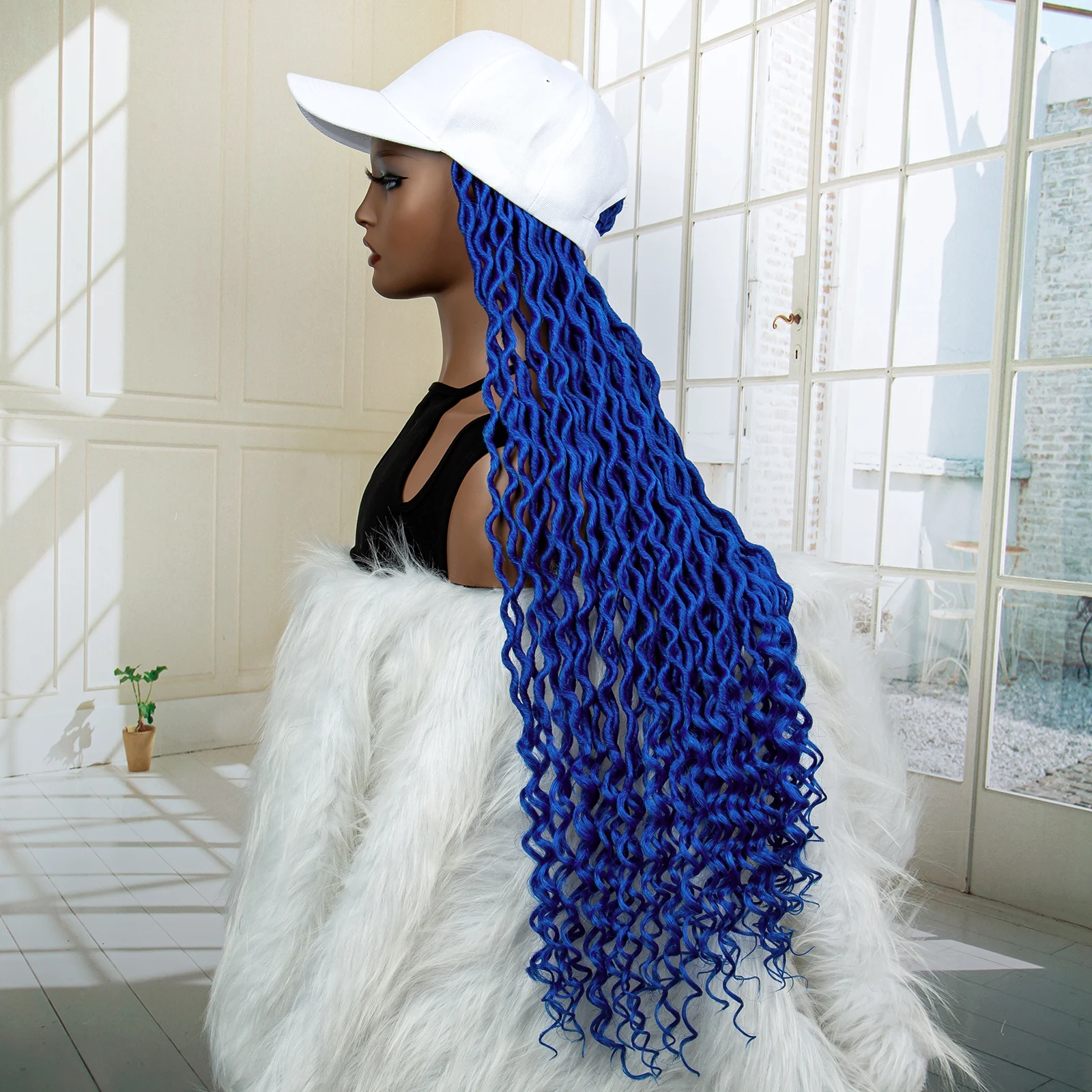 34-Дюймовая синяя синтетическая кепка-парик с волнистыми косами для чернокожих женщин, удлиненная бейсбольная кепка, плетеный парик