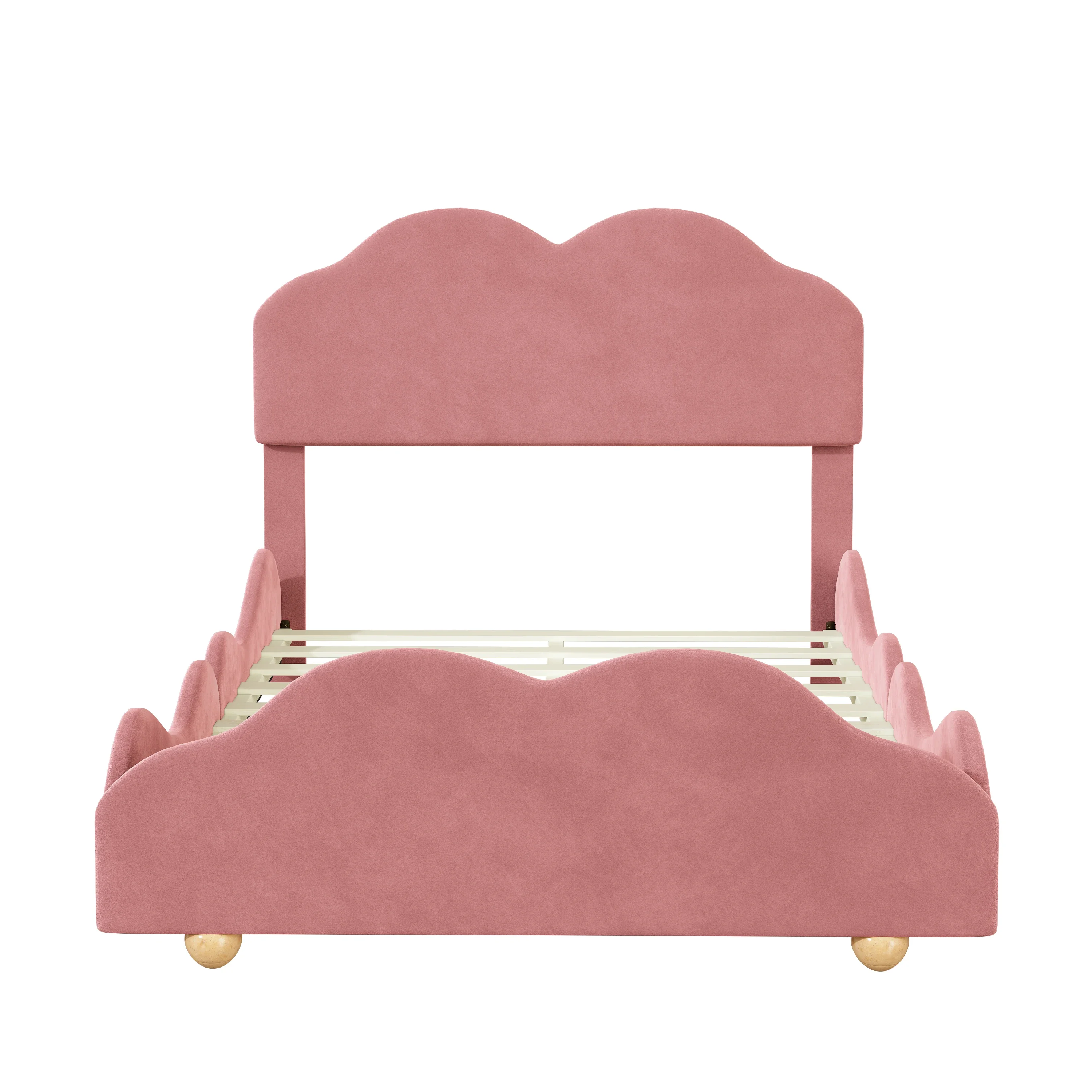 Полноразмерная обитая кровать-платформа с доской в форме облака, темно-розовый