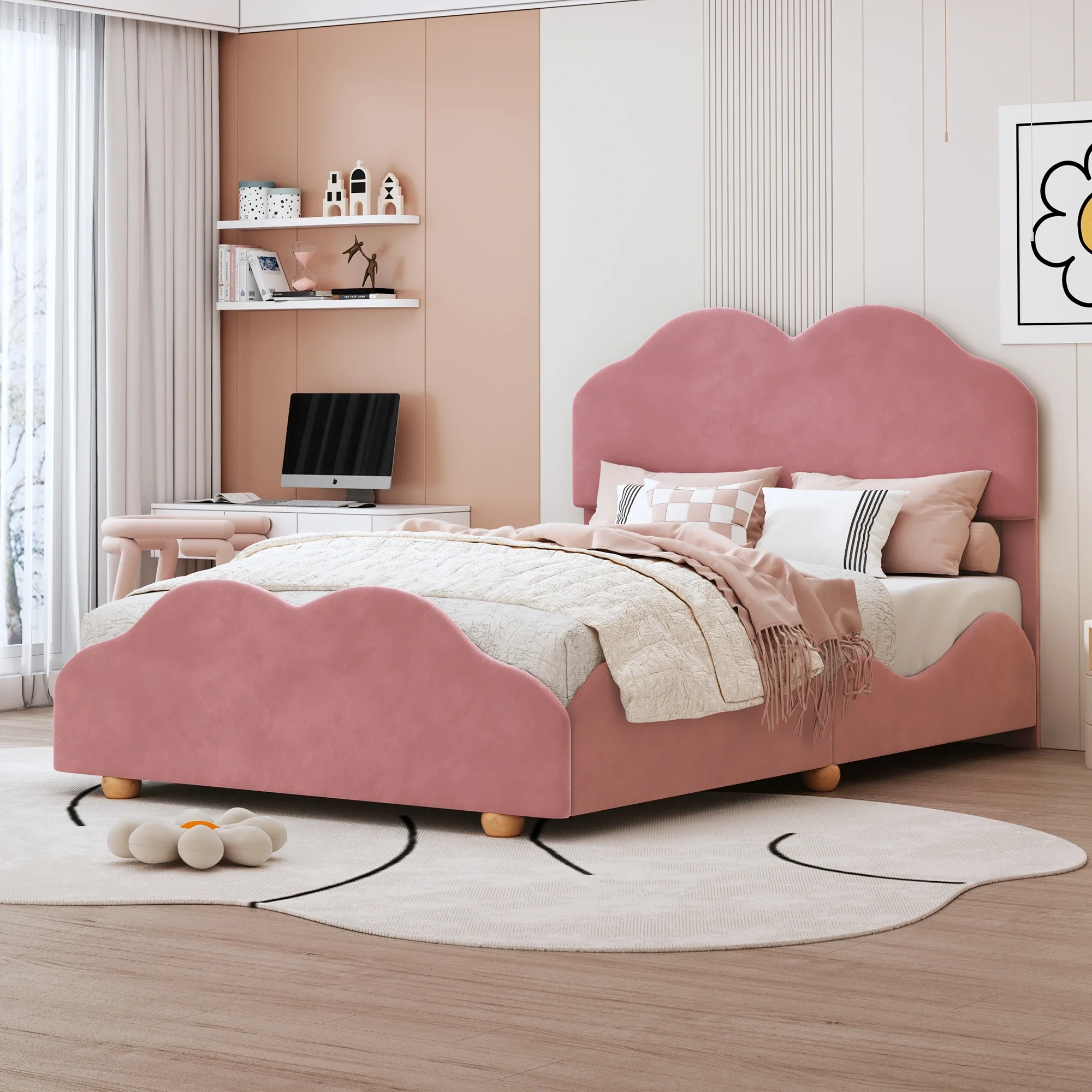 Полноразмерная обитая кровать-платформа с доской в форме облака, темно-розовый