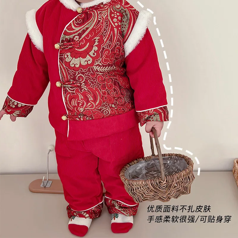 Детская Новогодняя одежда, Костюм для девочек 0-6 лет, Китайская Новогодняя Одежда Для маленьких мальчиков, Костюм Тан, Верхняя одежда, Брюки из двух частей