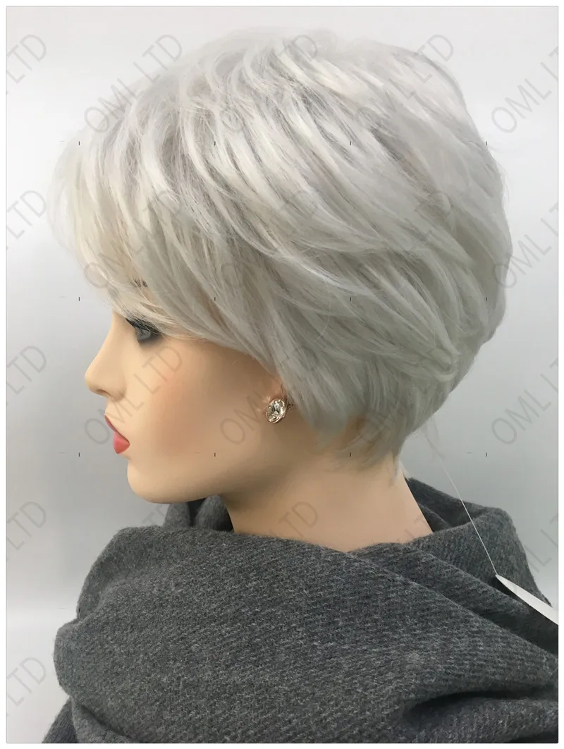 Модный бабушкин Короткий синтетический Серебристо-белый парик с челкой, Мягкий термостойкий Парик для вечеринок 