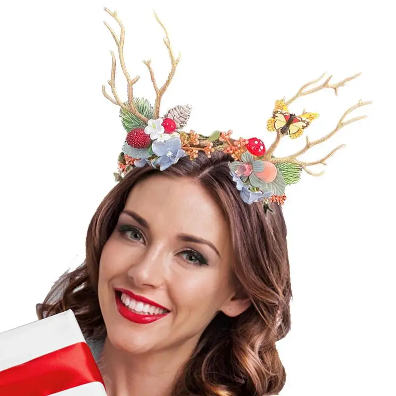 Рождественская повязка на голову с оленем, Регулируемая цветочная гирлянда, повязка на голову для девочек, цветочная корона, декор головного убора для свадьбы, Рождественской вечеринки