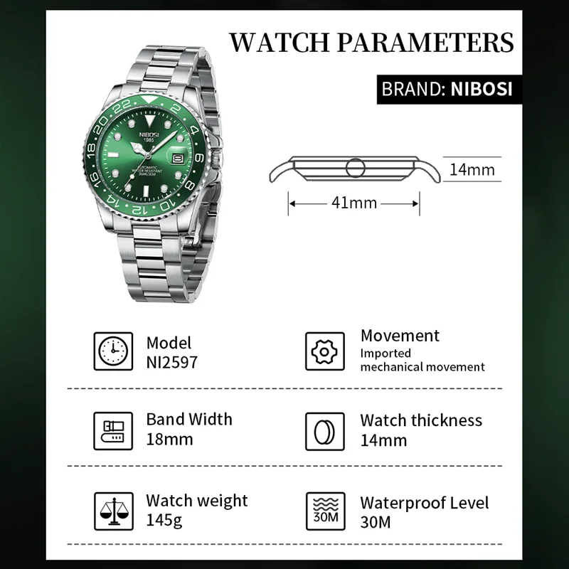 NIBOSI Automatic Men Luxury Brand Модные механические часы с ремешком из нержавеющей стали Мужские наручные часы для мужчин Clock Relogio Masculino