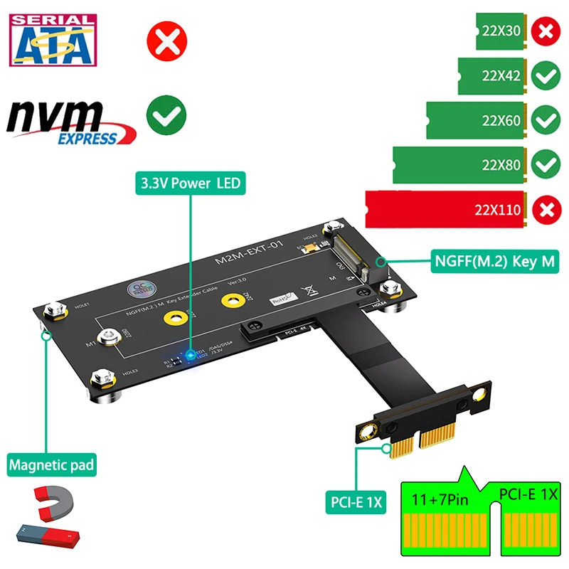 NGFF M.2 NVME M-Key SSD для подключения Удлинительного кабеля PCI Express X1 к Плате Riser с Магнитной накладкой Поддерживает 2230 2242 2260 2280 M2 NVME SSD