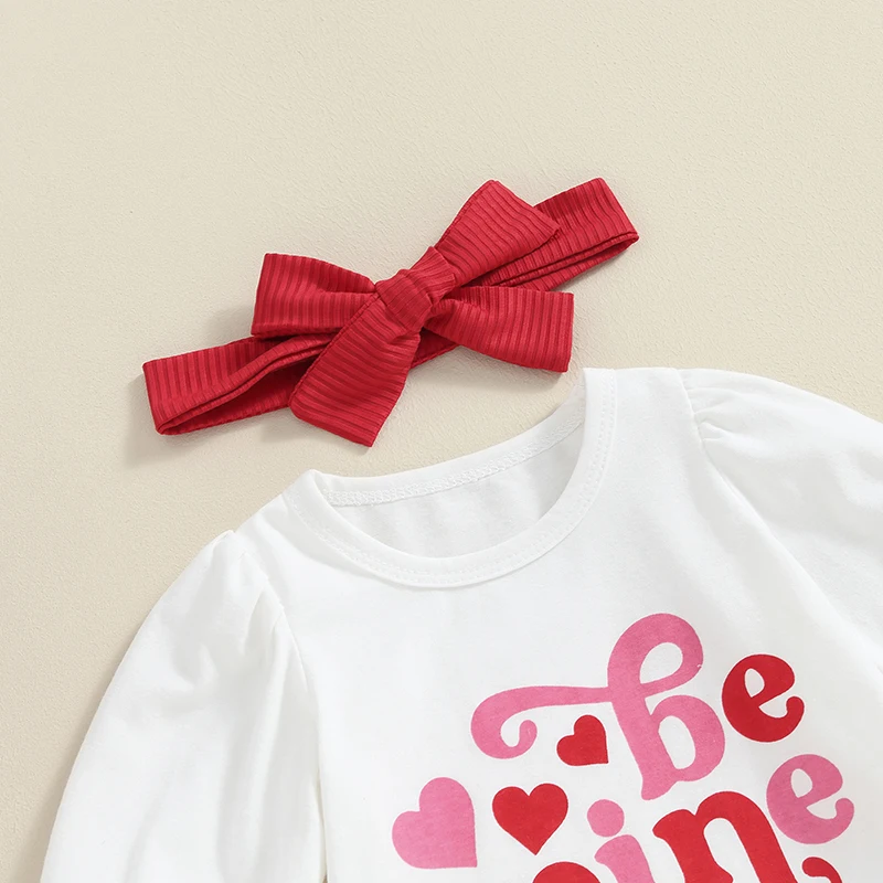 Детский Наряд на День Святого Валентина для девочек, комбинезон с длинными рукавами и сердечками, расклешенные трикотажные брюки, комплект весенней одежды из 3 предметов