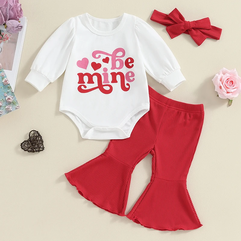 Детский Наряд на День Святого Валентина для девочек, комбинезон с длинными рукавами и сердечками, расклешенные трикотажные брюки, комплект весенней одежды из 3 предметов