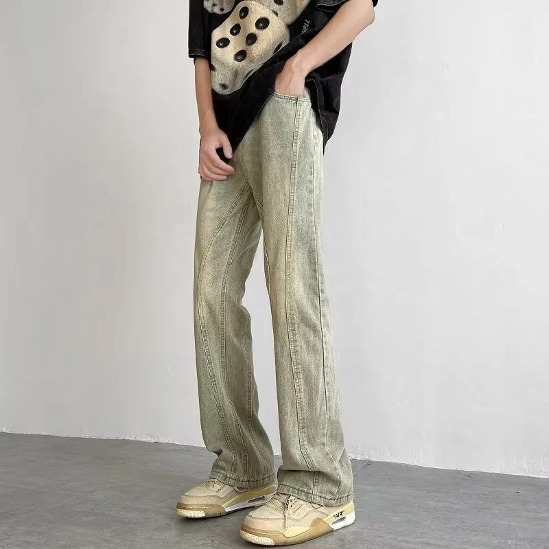 Мужские джинсы-клеш с карманами, мужские джинсы в стиле пэчворк, дизайнерские осенние свободные ретро Y2k, повседневная весенняя одежда в стиле ретро