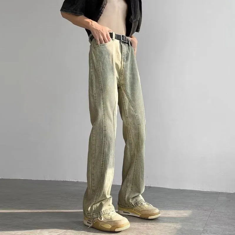 Мужские джинсы-клеш с карманами, мужские джинсы в стиле пэчворк, дизайнерские осенние свободные ретро Y2k, повседневная весенняя одежда в стиле ретро