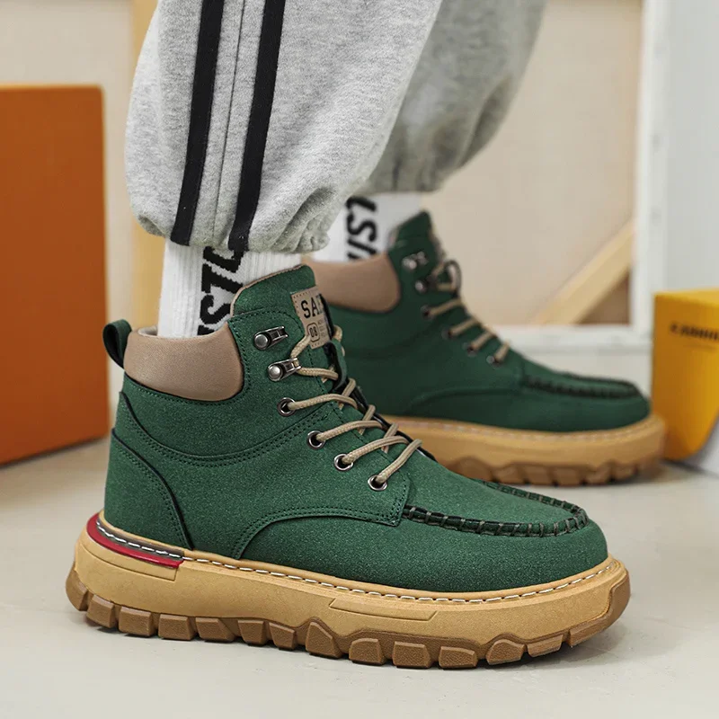 Осенне-зимние Зеленые Мужские рабочие ботинки, Удобные Замшевые ботинки, Мужские Ботильоны На платформе Со шнуровкой, Мужские botas para hombre