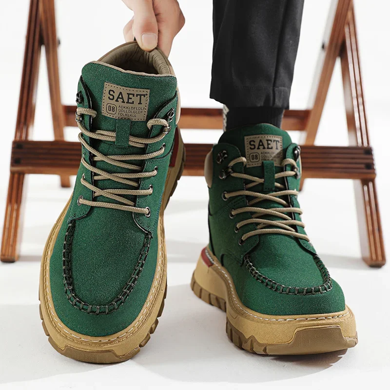 Осенне-зимние Зеленые Мужские рабочие ботинки, Удобные Замшевые ботинки, Мужские Ботильоны На платформе Со шнуровкой, Мужские botas para hombre