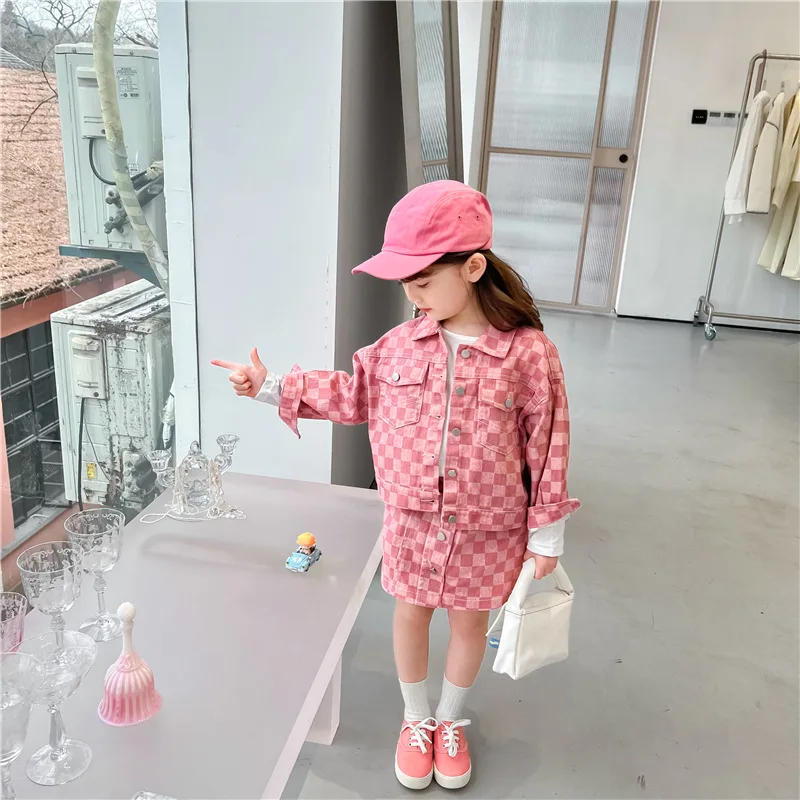 Комплект для девочек 2024, Весенняя Новая Детская юбка в шахматном порядке, Комплект из двух предметов, Ковбойская Детская одежда в Западном стиле в Корейском стиле