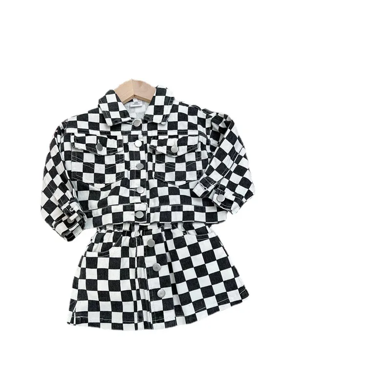 Комплект для девочек 2024, Весенняя Новая Детская юбка в шахматном порядке, Комплект из двух предметов, Ковбойская Детская одежда в Западном стиле в Корейском стиле