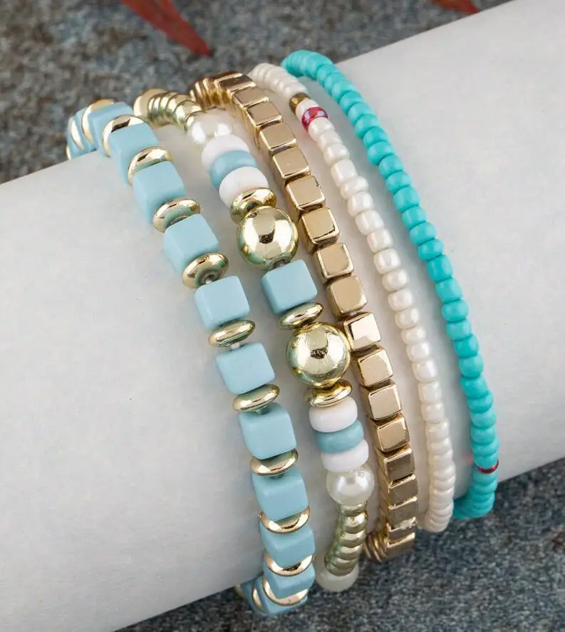 Винтажный многослойный браслет из бисера в стиле бохо Синего и белого цветов, модные браслеты для женщин