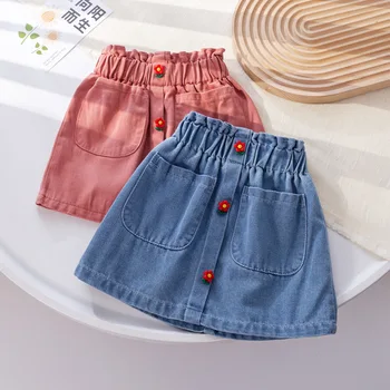 2023 Летние Корейские Детские юбки для маленьких девочек, Джинсовая юбка С эластичным карманом на талии, с заплатками, универсальная Детская юбка Для девочек, наряды Для маленьких девочек