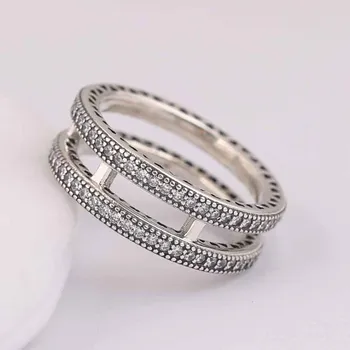 Двухслойные сердечки с хрустальным кольцом для женщин, аутентичные женские украшения из стерлингового серебра S925 пробы, подарок девушке на день рождения