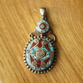 PN005 Этническое Тибетское Медное Инкрустированное Бирюзой Красочное Овальное Большое Ожерелье с подвеской для Женщины