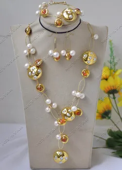 Набор Z12999 28 мм Белый жемчуг, позолоченное яично-желтое ожерелье из муранского стекла, браслет, серьги