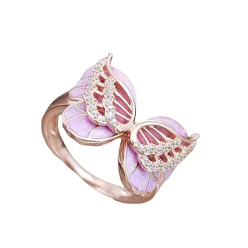 Трансграничная внешняя торговля новое кольцо с розовой бабочкой, усыпанное бриллиантами, европейское и американское кольцо с позолотой 18 карат