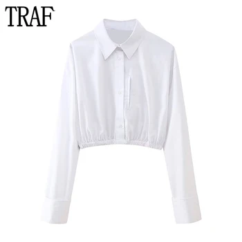 Белая рубашка тренчевого типа, женские плиссированные укороченные рубашки для женщин, рубашки на пуговицах и блузки, женские рубашки с длинным рукавом