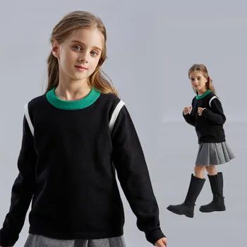 Трикотаж для девочек, Детская Осенняя Одежда 2023 Года, Необычный Пуловер в стиле Пэчворк Для Девочек-подростков из Двух частей, Топы, Детские Вязаные Свитера