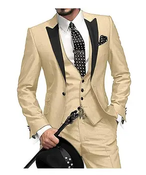 Мужской костюм, Комплект из 3 предметов, Приталенный Деловой костюм Жениха, черные Смокинги цвета Шампанского для официального Свадебного костюма (Блейзер + Брюки + Жилет)