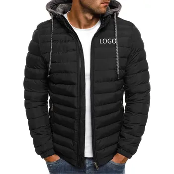 Мужская хлопчатобумажная одежда с логотипом на заказ, зимнее мужское однотонное теплое пальто с длинным рукавом, модная мужская верхняя одежда на молнии с капюшоном