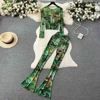 Зеленый сетчатый комплект из 2 предметов с цветочным принтом, женский летний сексуальный укороченный топ с круглым вырезом, длинным рукавом и эластичными брюками-клеш на талии, костюмы
