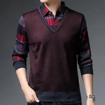 Мужской свитер с цветными блоками, мужской осенний свитер, стильная мужская повседневная рубашка для отца среднего возраста, вязаный свитер в клетку с принтом для зимы/осени
