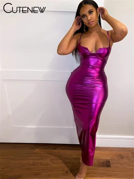 Cutenew Y2K Неон фиолетовый клуба ремень длинное платье для женщин сексуальная спинки без рукавов тощий стрейч Леди отпуск макси платья
