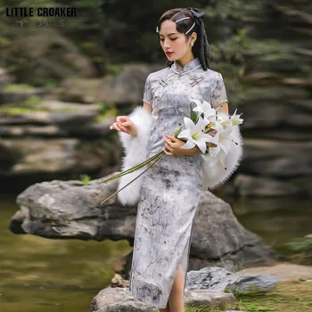 Женская одежда в китайском стиле с коротким рукавом Cheongsam с цветочным принтом, китайское традиционное Шанхайское платье Cheongsam