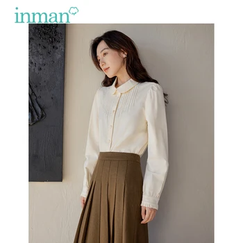 Женская блузка INMAN 2023, Зимняя Свободная рубашка с воротником Питера Пэна с длинным рукавом и вышивкой, Модные Красивые Топы абрикосово-синего цвета